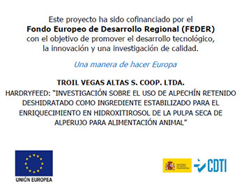 Investigación sobre el uso de alpechín retenido deshidratado como ingrediente estabilizado para el enriquecimiento en hidroxitirosol de la pulpa seca de alperujo para alimentación animal